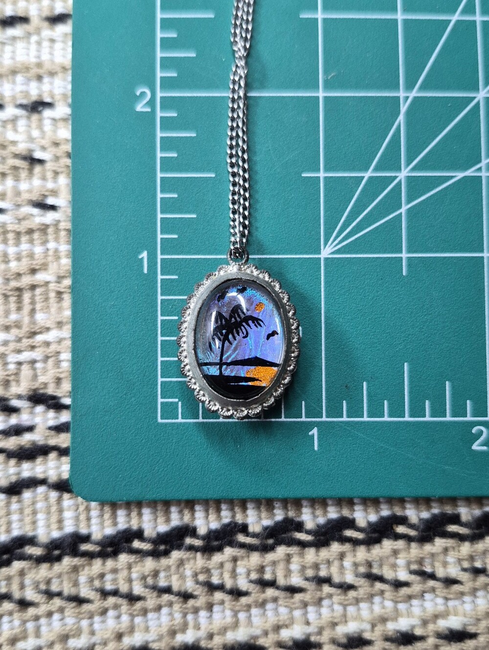 Vintage Morpho Butterfly Reversible Mountain Beach Sunset Pendant Necklace 18" - Picture 3 of 8